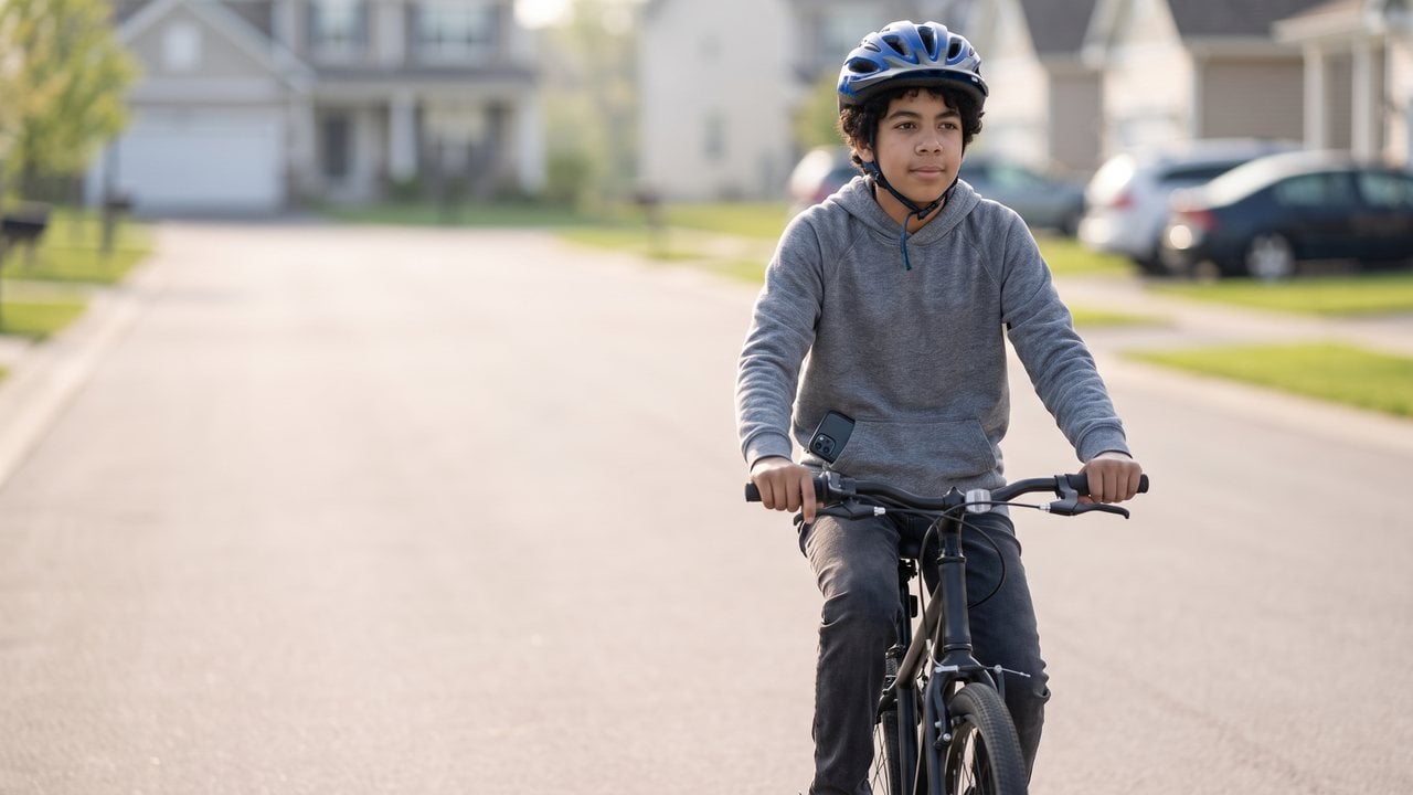 A rider riding steadily with both hands on the bars and a phone still zipped into a jacket pocket.