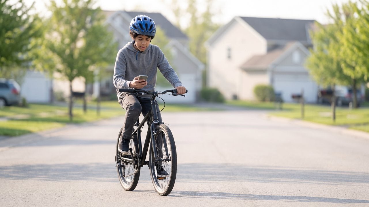 A rider glancing down at a phone held low against the handlebars while still moving.