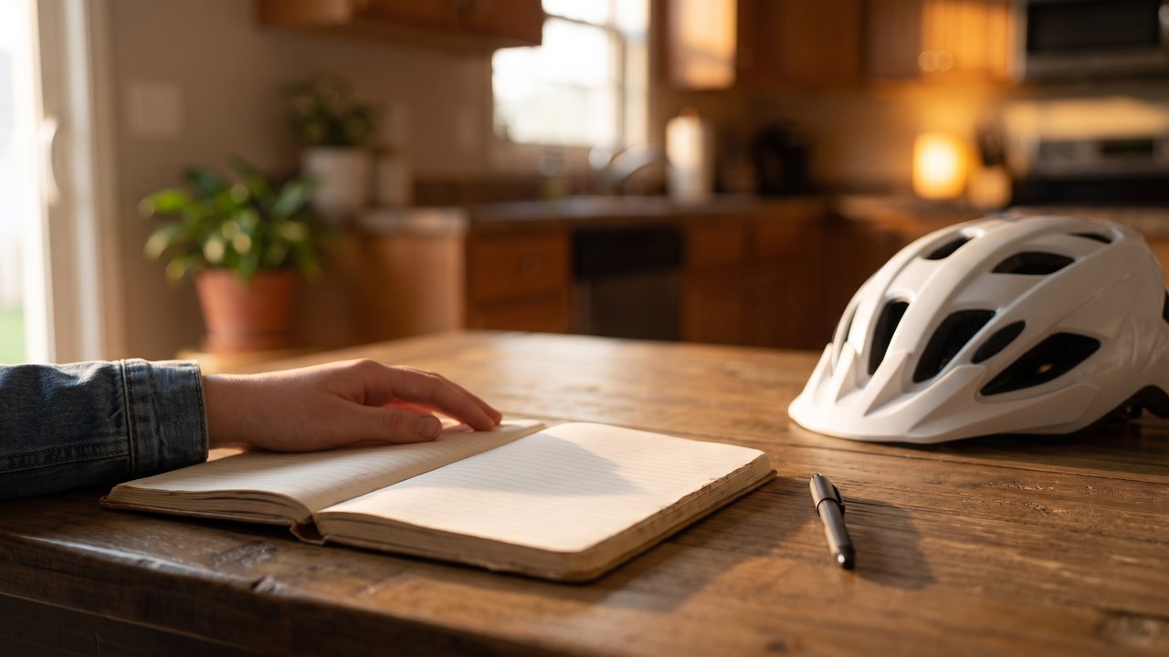 A kitchen table with a phone face down, a helmet on a chair and a scrap of paper with three short lines written on it in biro.