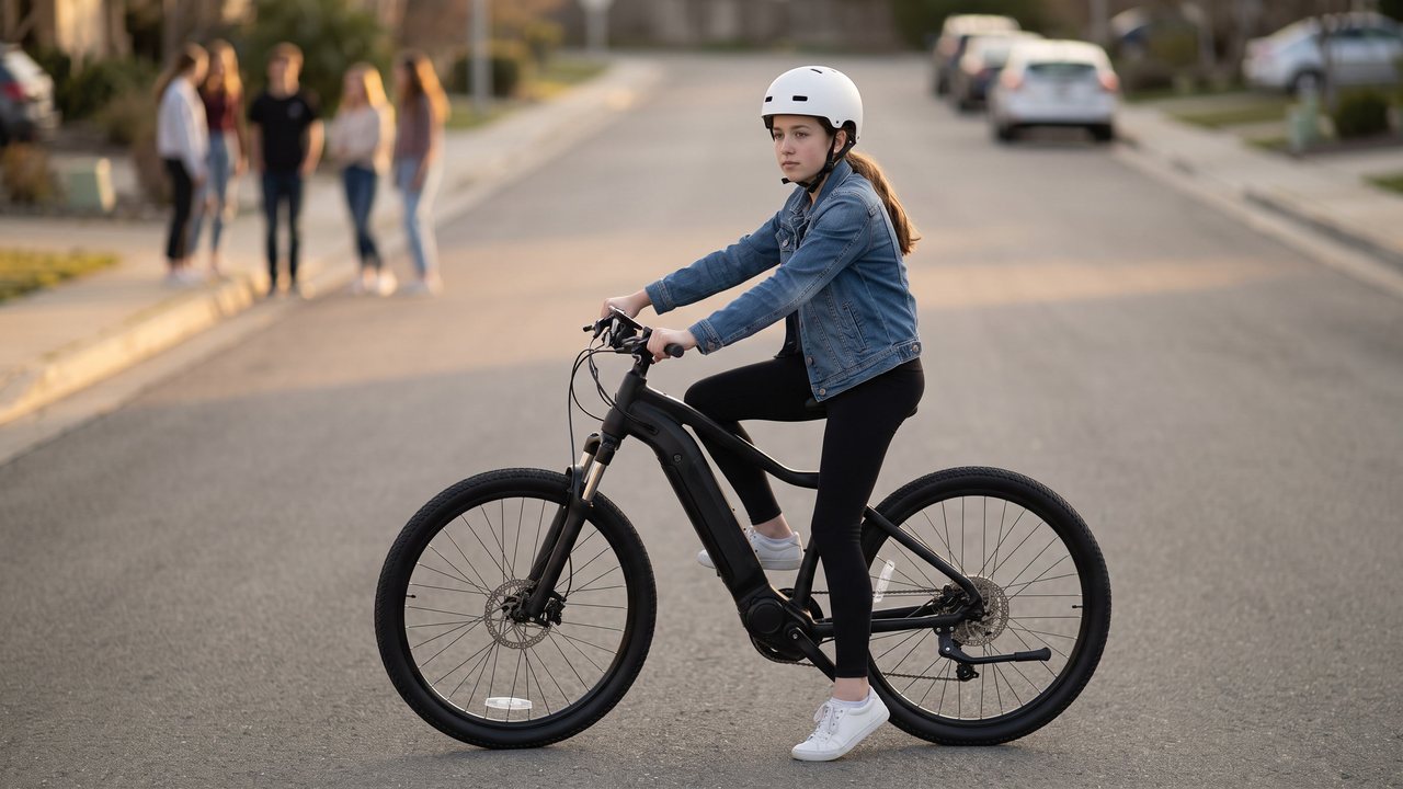 A rider stopped at the top of a street thinking it over while friends wave from the far end.