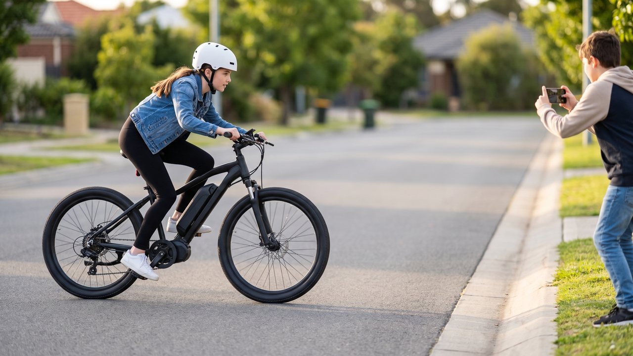 A rider setting off hard down an empty street with a phone filming from the curb.