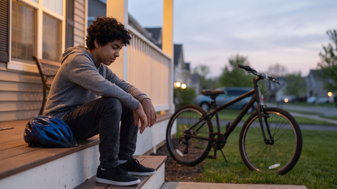 A boy sits on a porch step at dusk with his helmet on the boards beside him. His bike is parked out on the grass and he is not riding it.