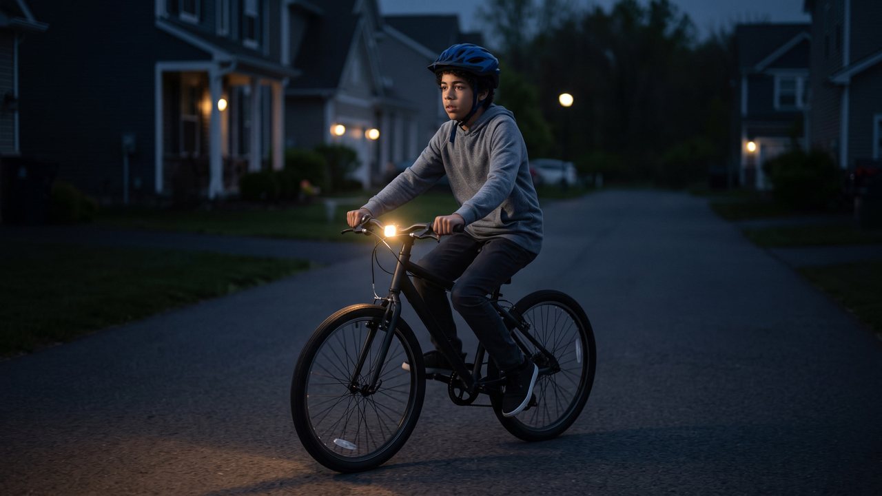 A rider setting off down a dark side street with a front light on.
