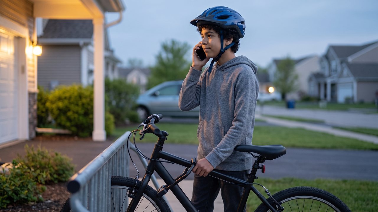 A rider locking a machine to a rack outside a house and putting a phone to their ear.