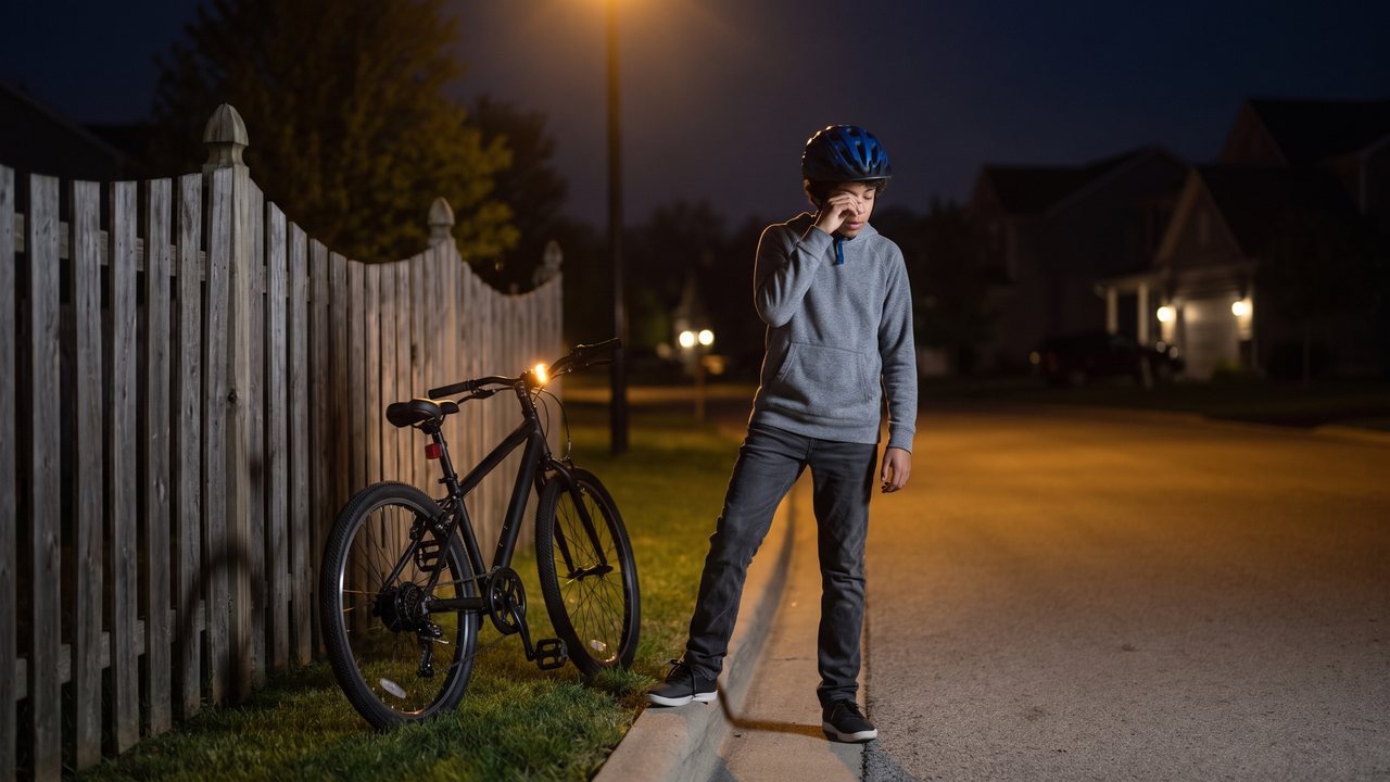 A rider stopped on a curb halfway home in the dark, machine leaning against a fence.