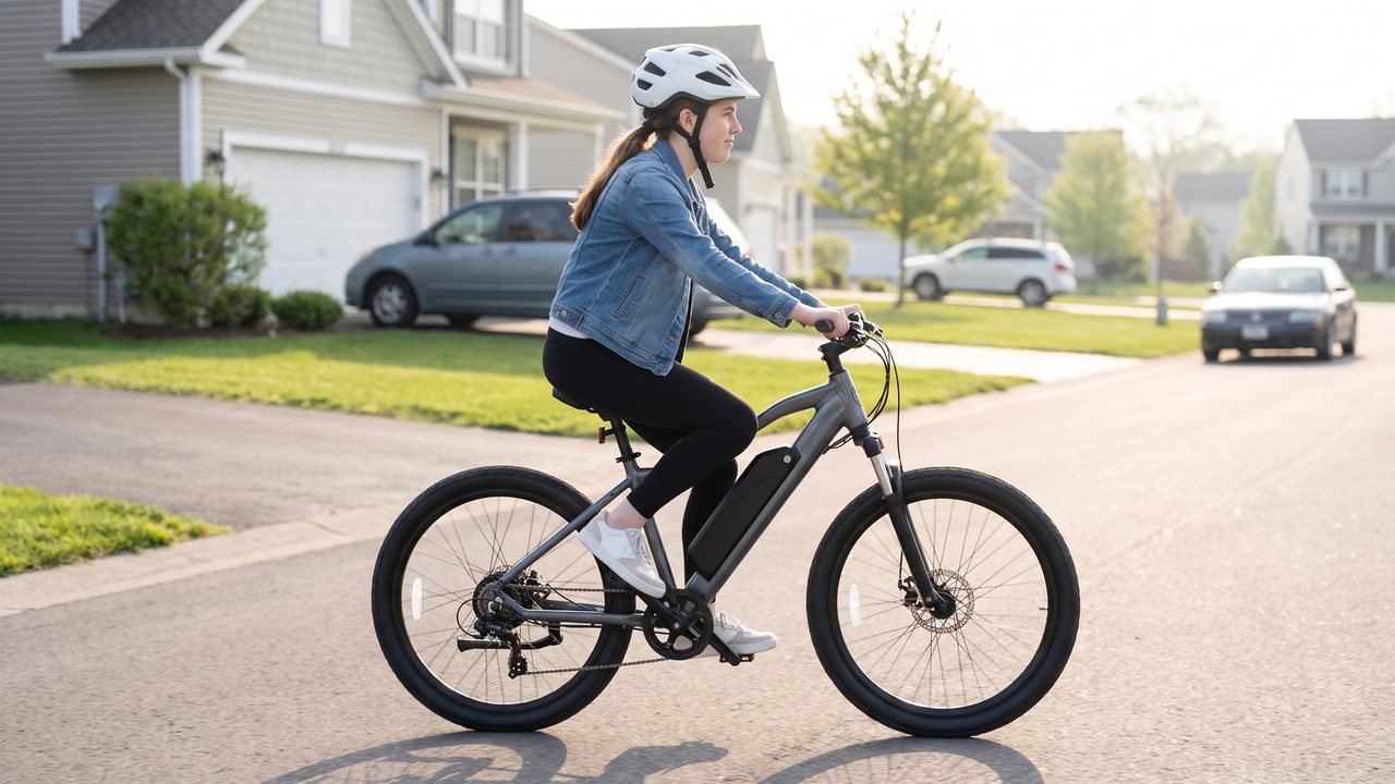 A rider setting off on an unlabelled machine down a residential street.