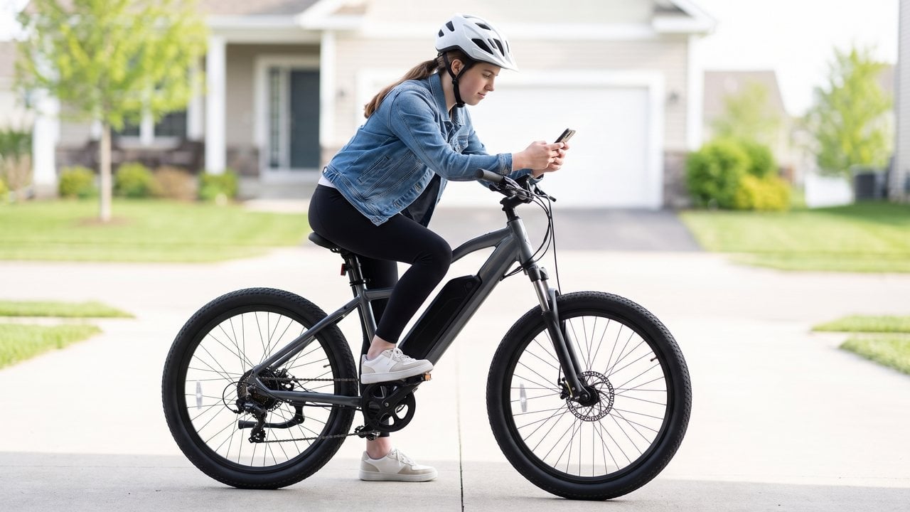 A rider standing over an unlabelled machine with a phone open on the manufacturer's specifications page.
