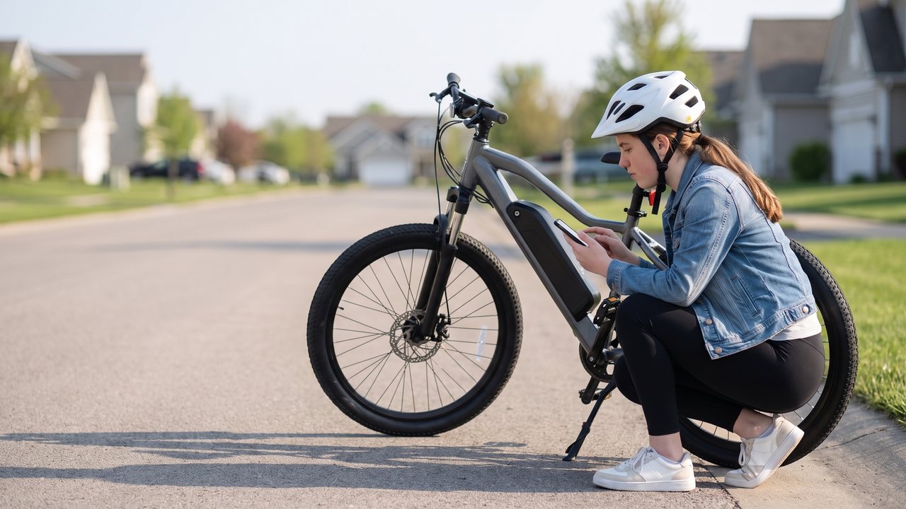 A rider crouched over a phone stopwatch at the side of a road with a machine on its stand.