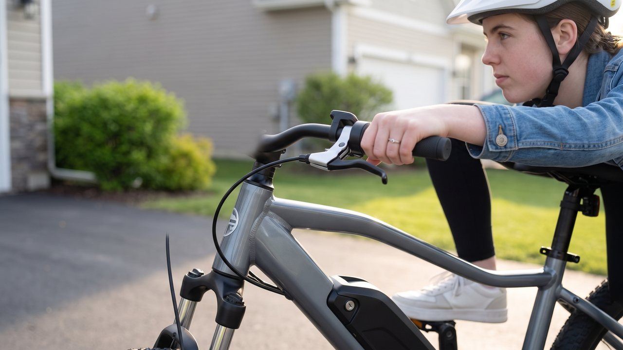 A girl in a buckled helmet leans over the handlebar with one hand resting on the brake lever.