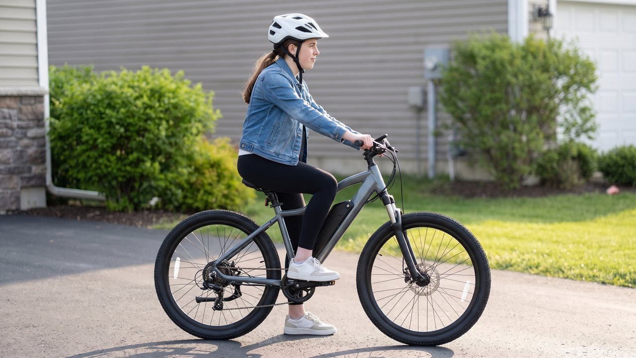A rider seated on a machine with both feet on the ground and the cranks still.