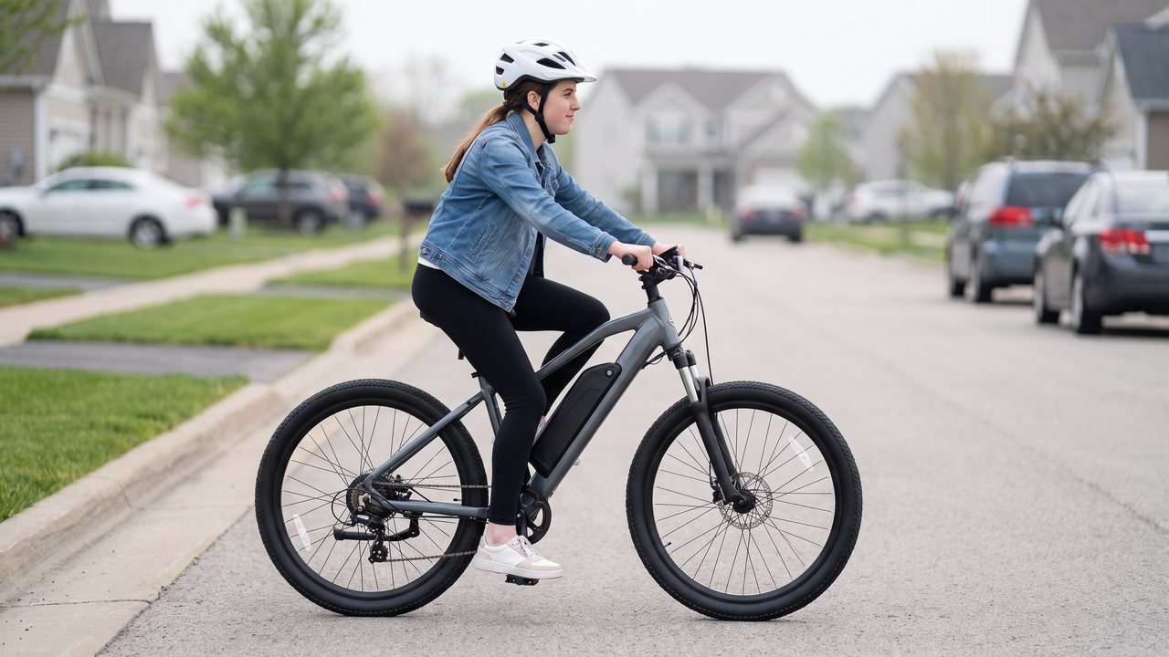 A machine rolling forward at walking pace beside a curb with the rider upright.