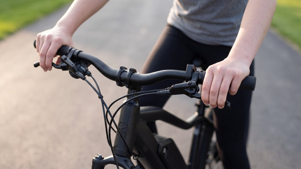 Two hands on the handlebar grips with a finger resting on each brake lever. The rider head is not in this picture.