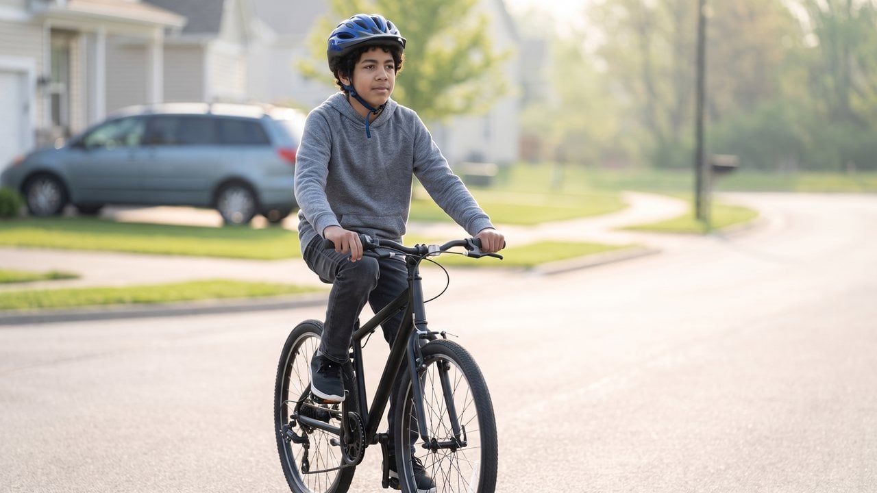 A rider braking hard and late at an intersection with the rear wheel light.