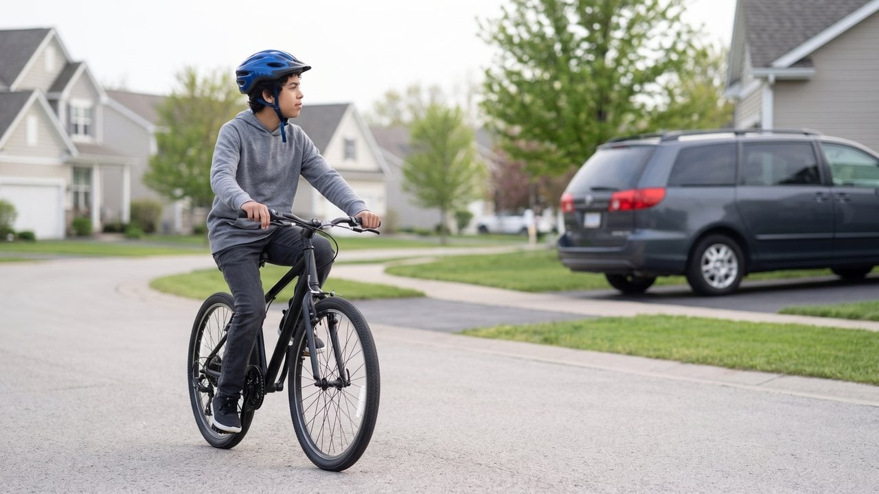 A rider easing off well back from an intersection with both hands covering the levers.