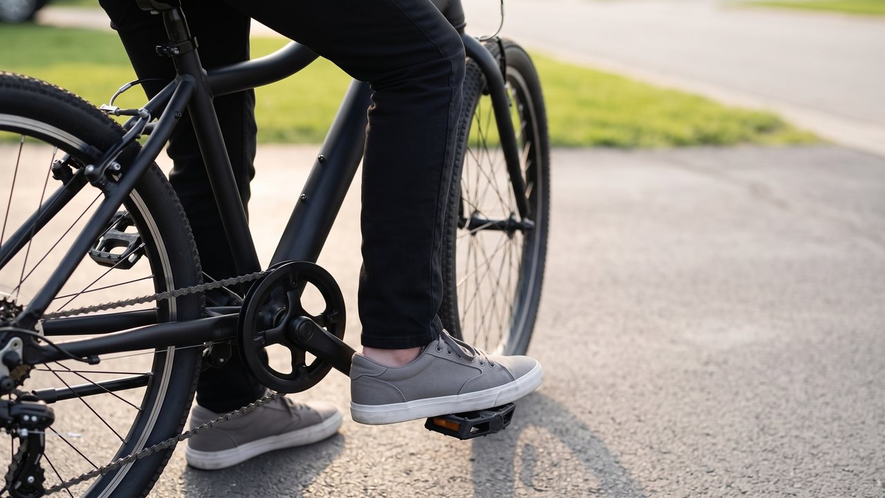 A low view of one foot on the raised pedal and the other flat on the road, ready to push off. The rider head is not in this picture.