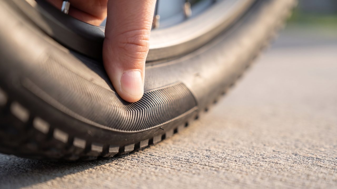 A thumb pressing into a bike tire to feel how hard it is. The rider head is not in this picture.