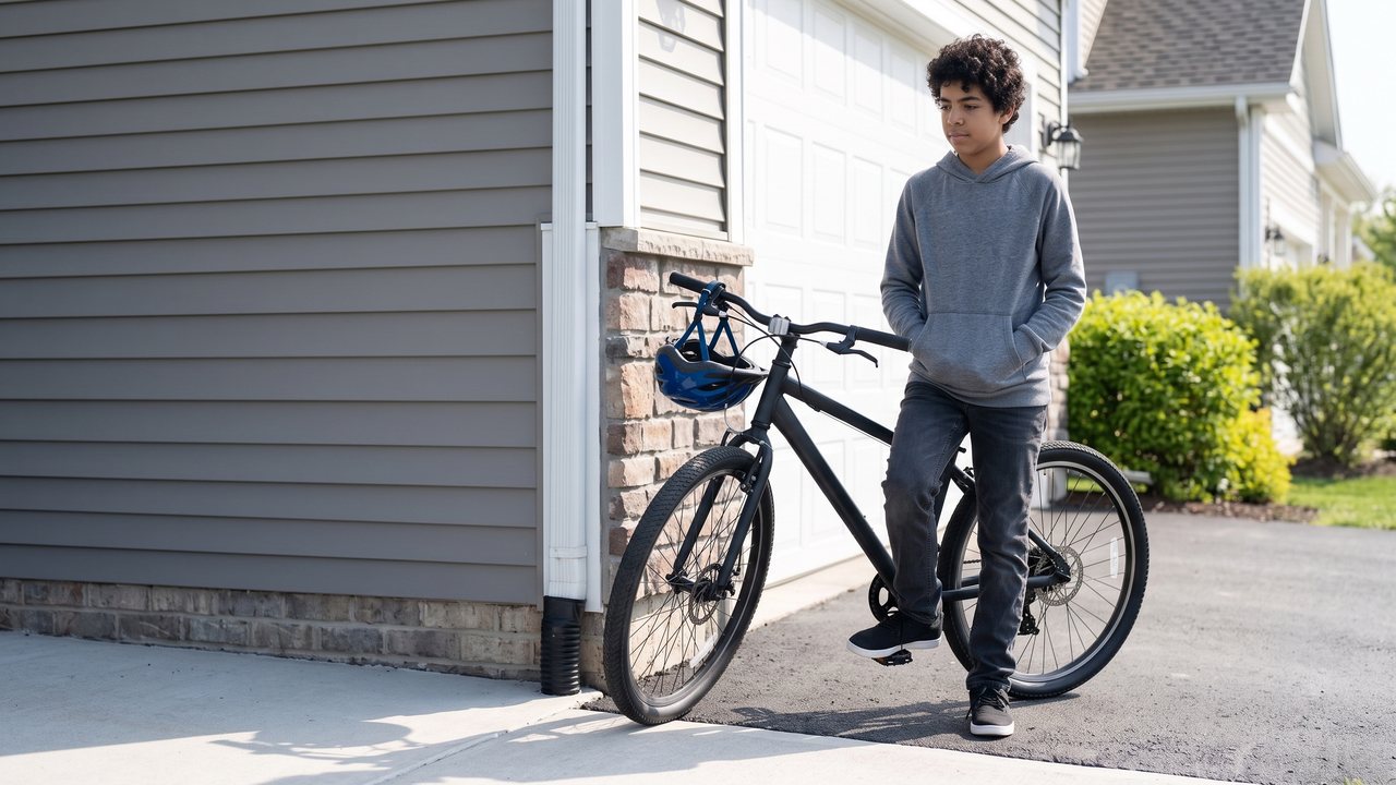 A machine parked against a garage wall with a helmet hooked over the bars.
