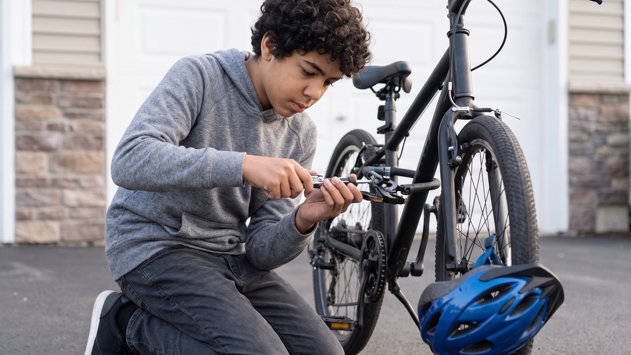 A rider turning a small screw on a brake lever with a multi-tool.