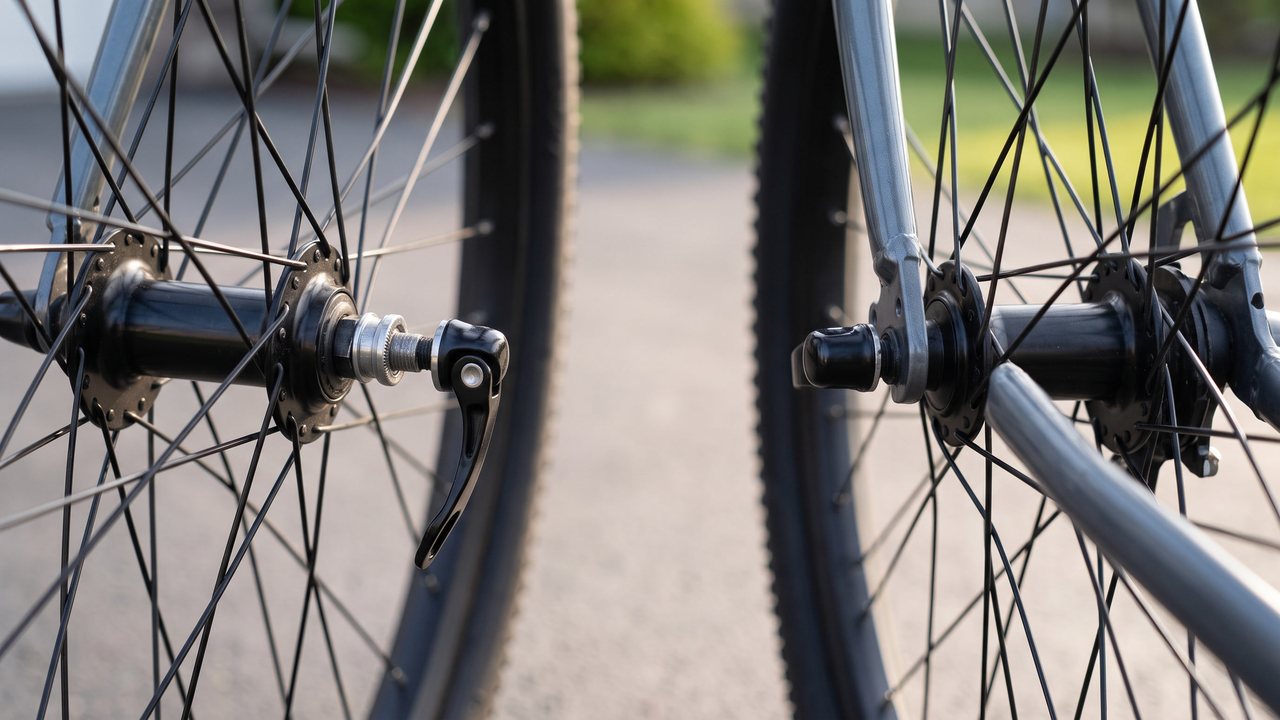The same front wheel photographed twice: once with the lever standing straight out from the fork, once with it folded flat against it.