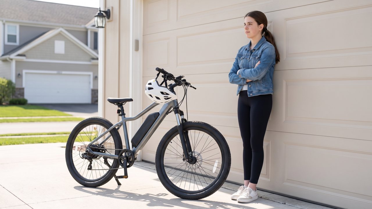 A machine parked against a garage wall with a helmet hooked over the bars.