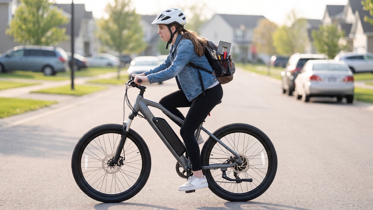 A rider pushing off down a residential street with a toolbox in a backpack.