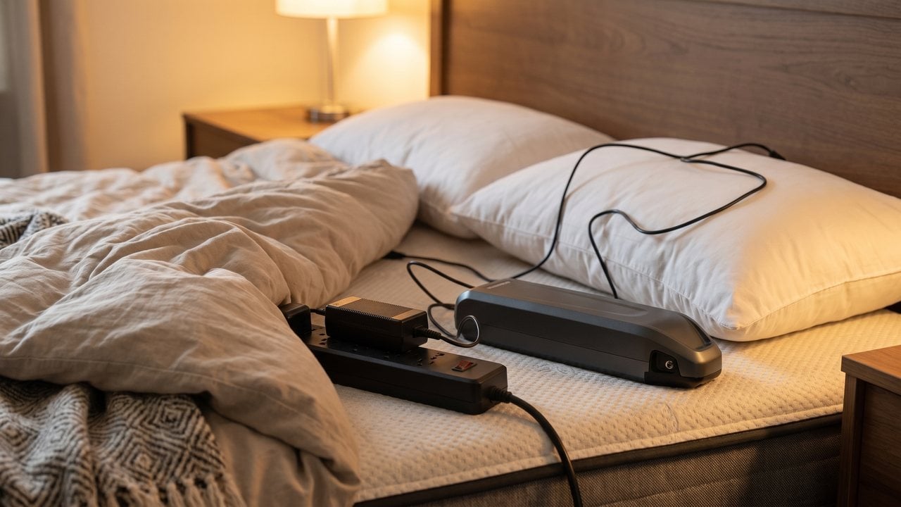 A machine plugged in on the floor of a narrow front hallway, the charger running off an extension lead, the front door directly behind it.