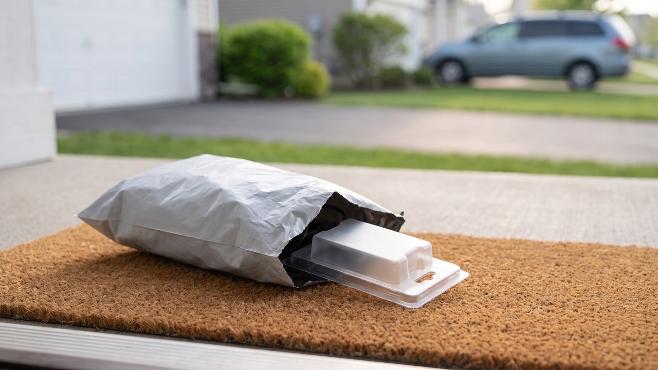 A cheap unbranded charger arriving in a plastic mailing bag with no markings on the case.
