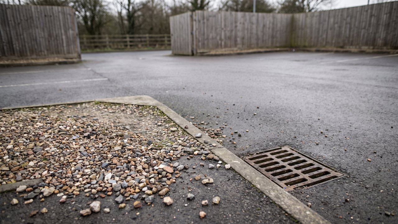 One wide photograph of a parking lot with four things circled: a gravel strip along one edge, a drain grate whose slots run the way you would ride, a service entrance with no gate on it, and a slope falling away towards the exit.
