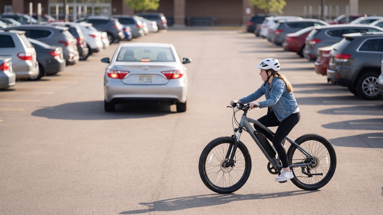 A rider practicing at the far end of a busy supermarket parking lot while a car reverses out two rows away.