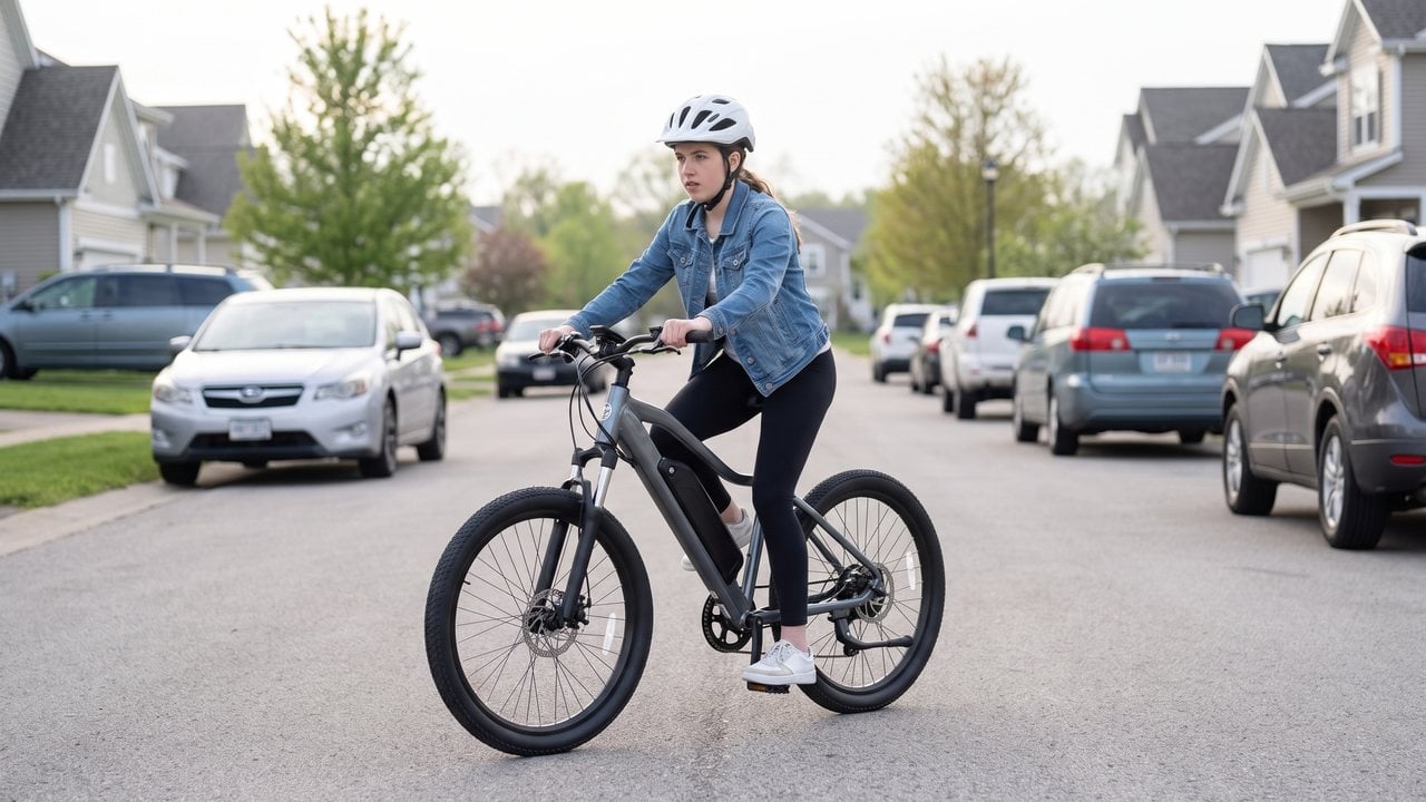A rider practicing starts and stops on a quiet suburban street with parked cars down both sides.
