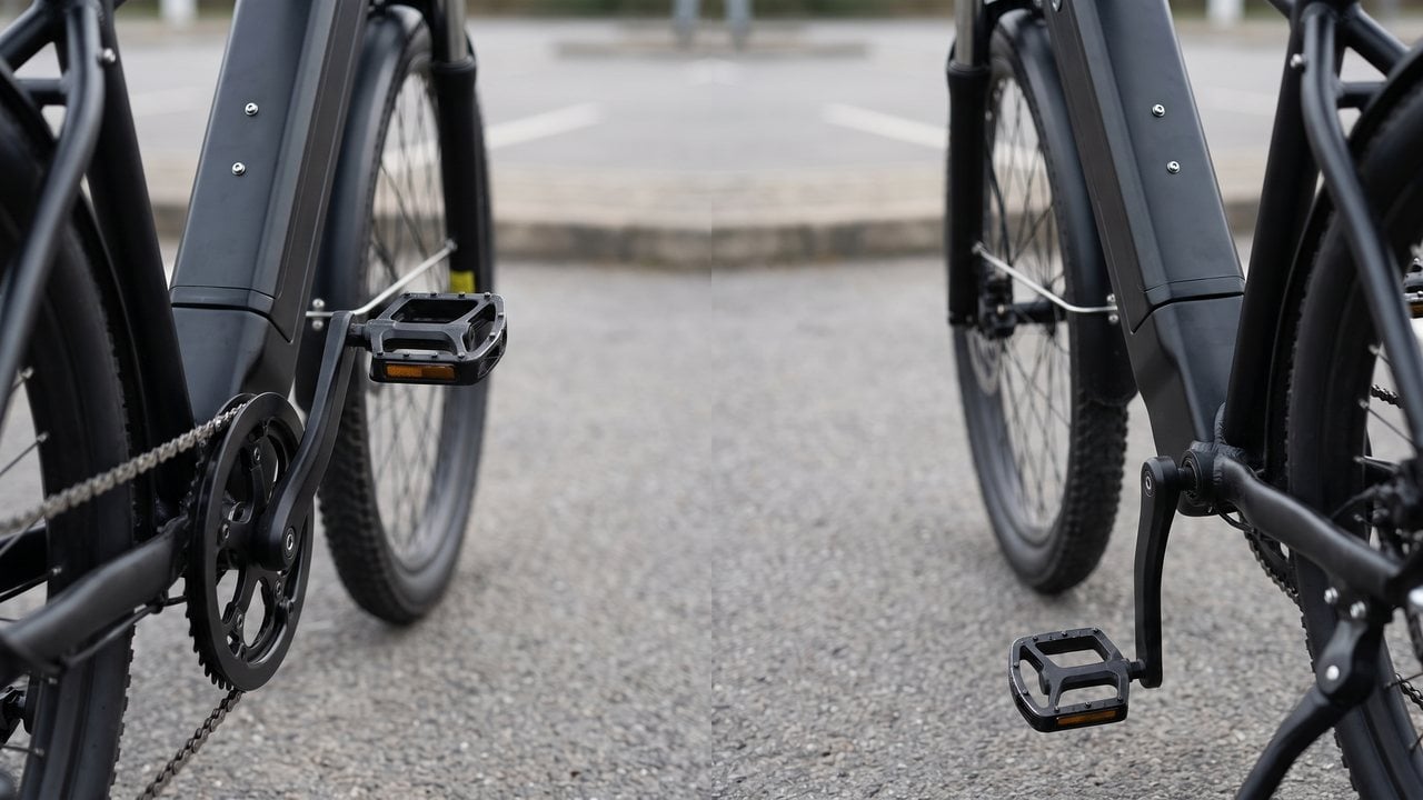 A close side photograph of a crank at two o'clock with a foot poised on it, next to the same crank at six o'clock with the foot flat and the leg straight.