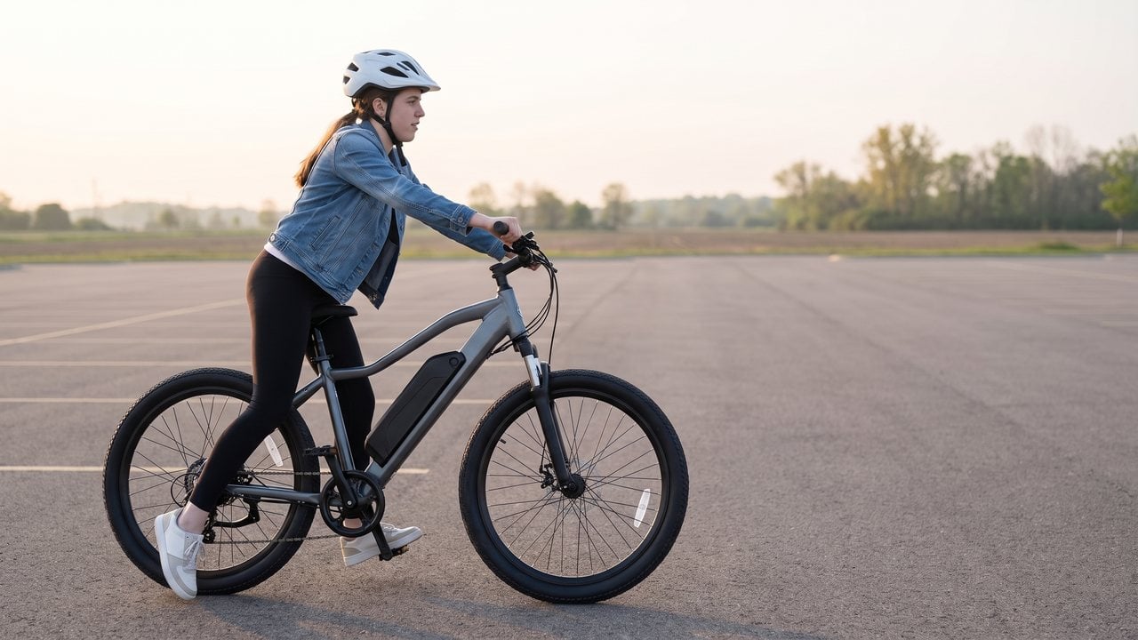 A rider scooting away from a standstill with one foot still hunting for a pedal.