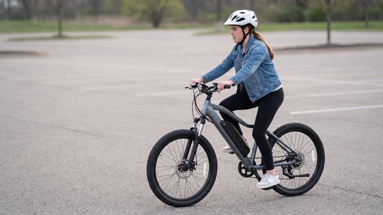 A rider stopped astride the machine, one foot down, toe hooked under the far pedal bringing it up to the top of its stroke.