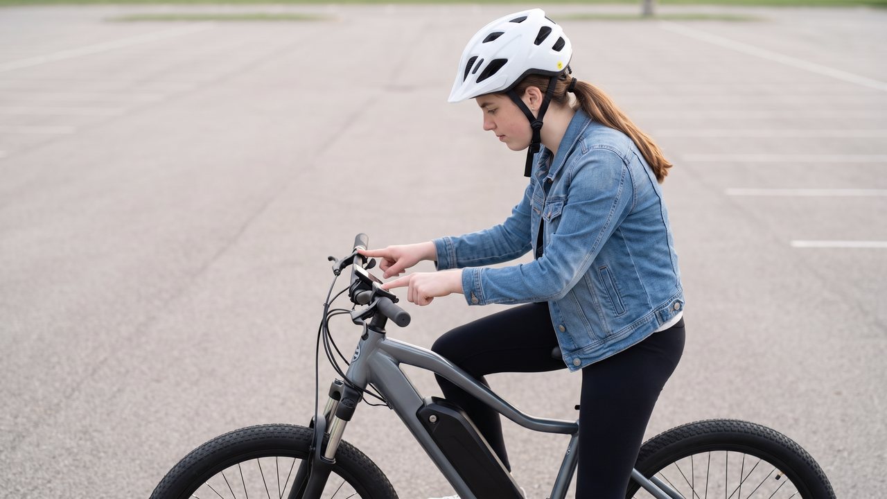 A rider thumbing an assist level up on a handlebar display before setting off.