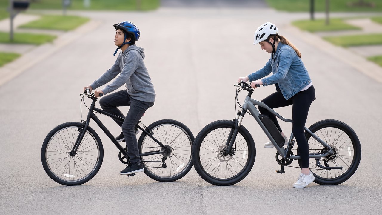 Two riders in buckled helmets side by side: one sits up straight, the other leans forward over the bars.