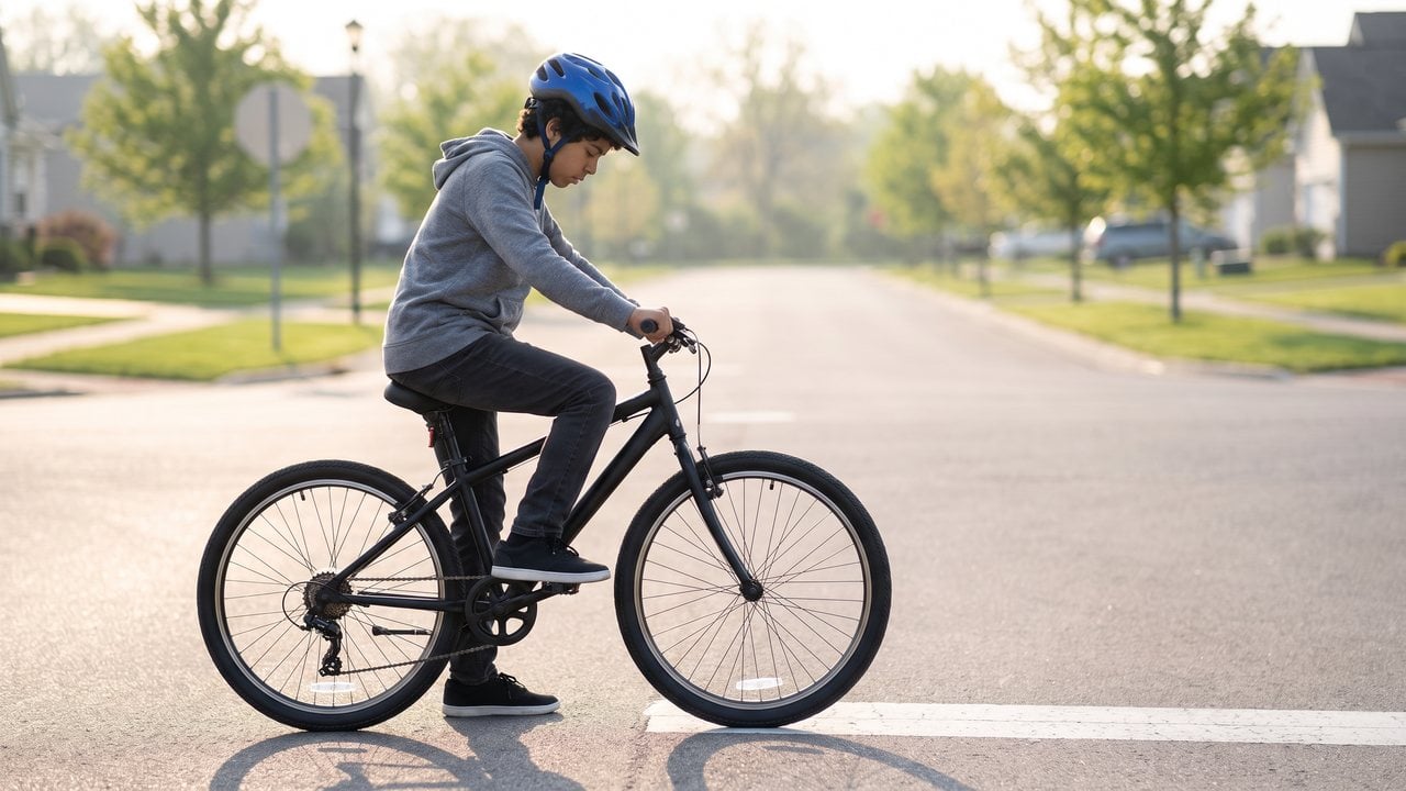 A rider at a give-way line looking down at their feet, hunting for a pedal, while the gap goes past.