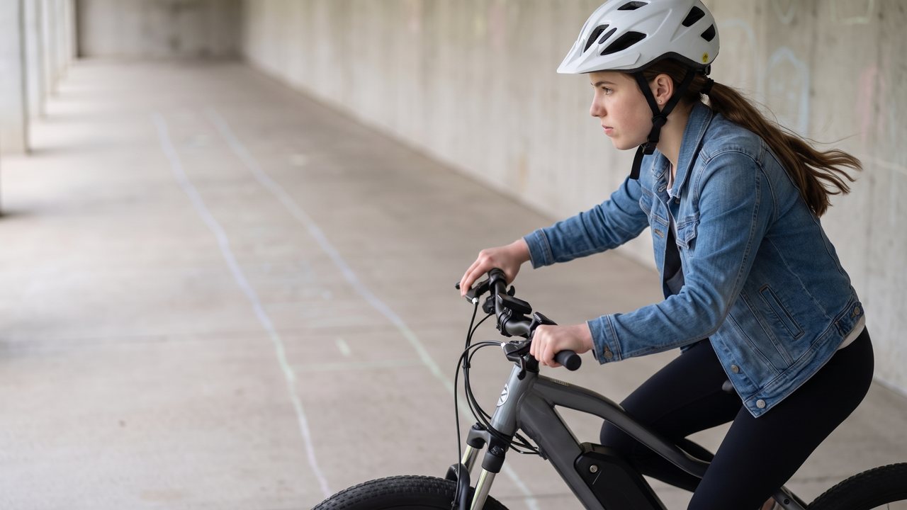 A girl in a buckled helmet on her bike in a covered lot, looking along a chalk line drawn on the ground ahead of her.