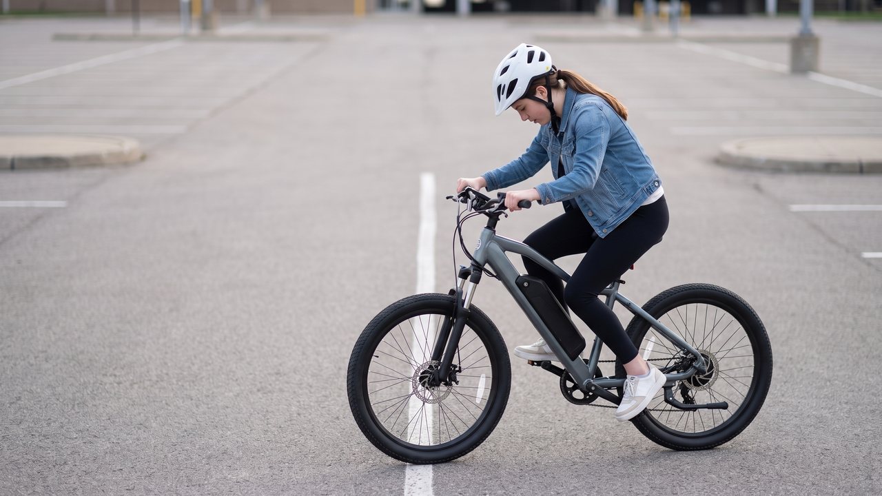 A rider in a chalk corridor with their head down, watching the front tire.