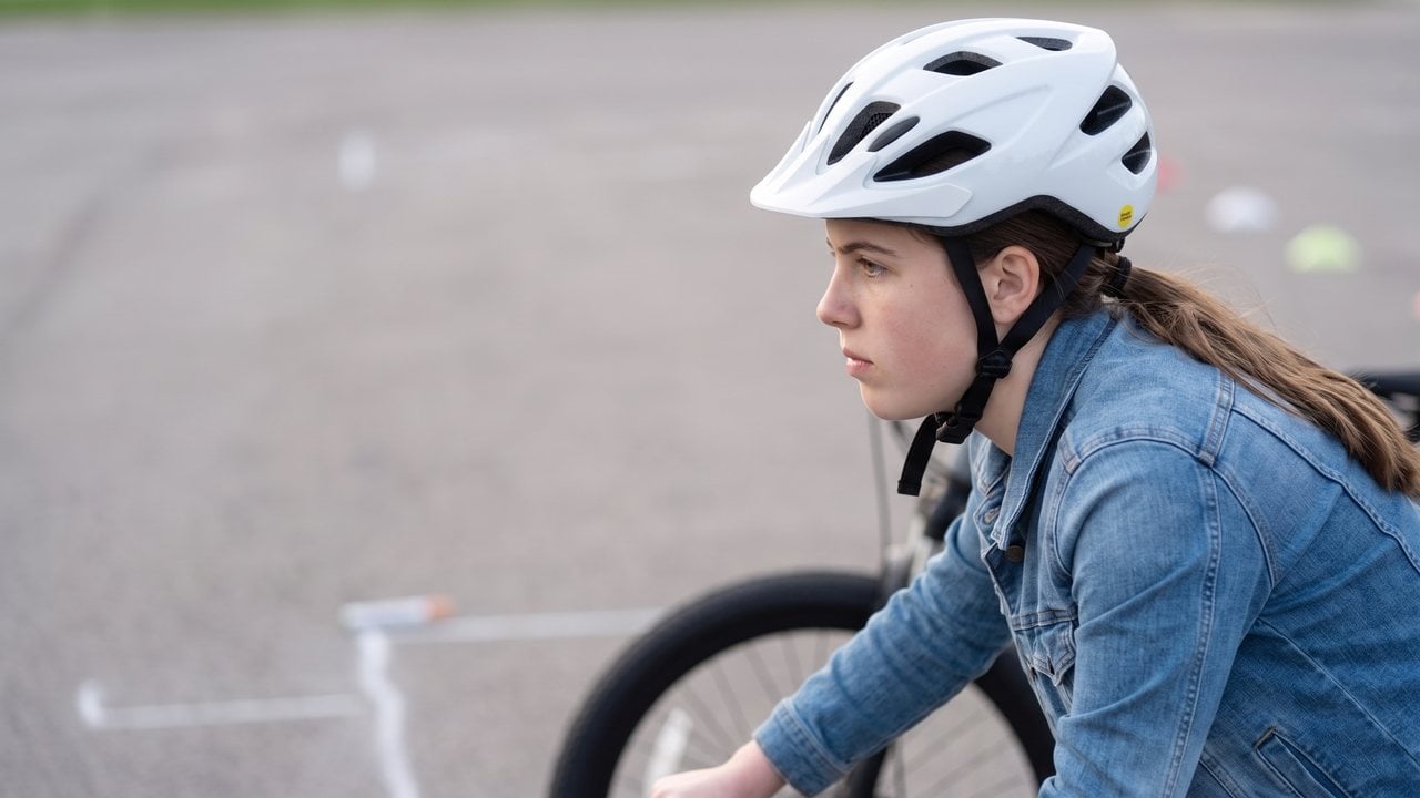 A close view of a girl whose helmet sits level and low with the strap buckled, looking ahead across a marked lot.