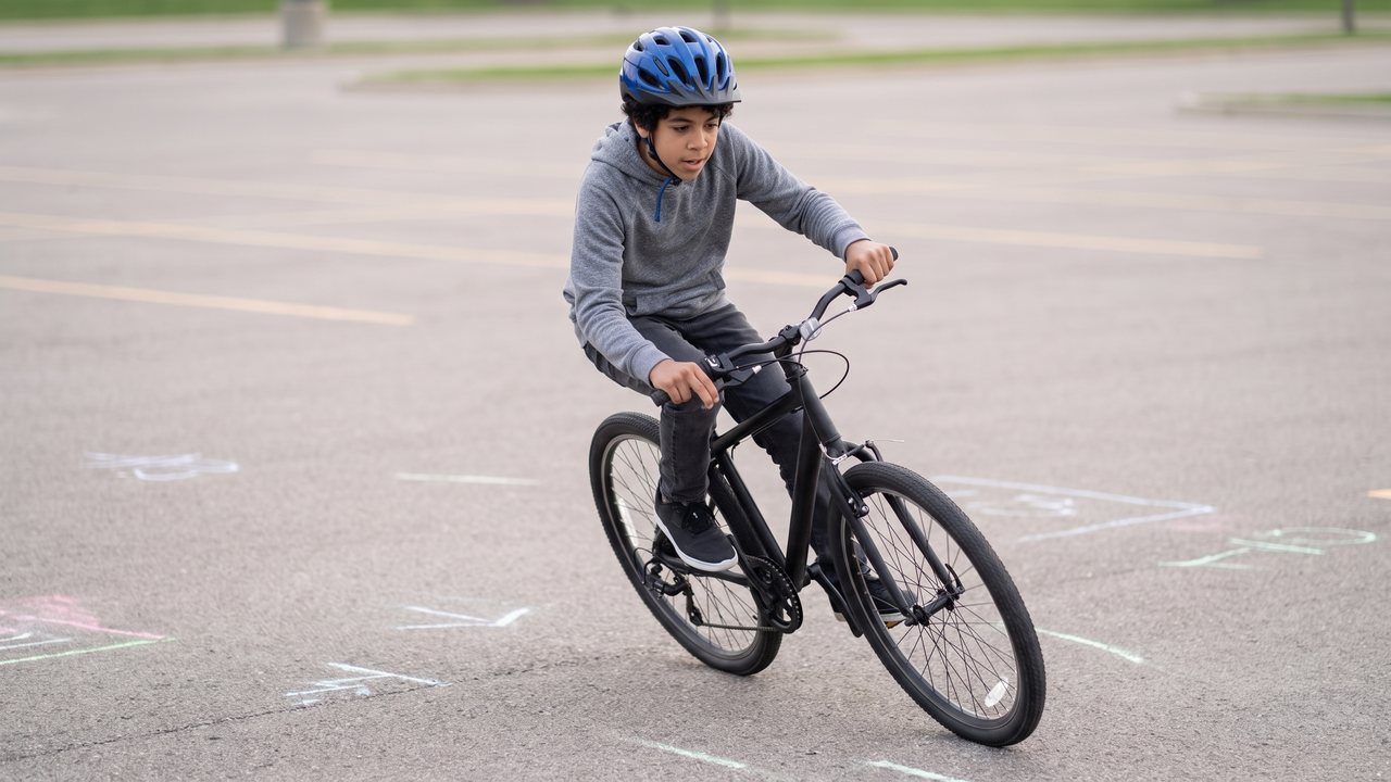A rider squeezing the front lever mid-turn with the machine leaning and the front wheel tucking under.
