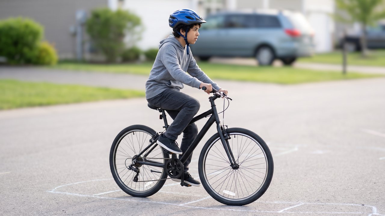 A rider easing the rear lever with the head already turned towards the next marker.