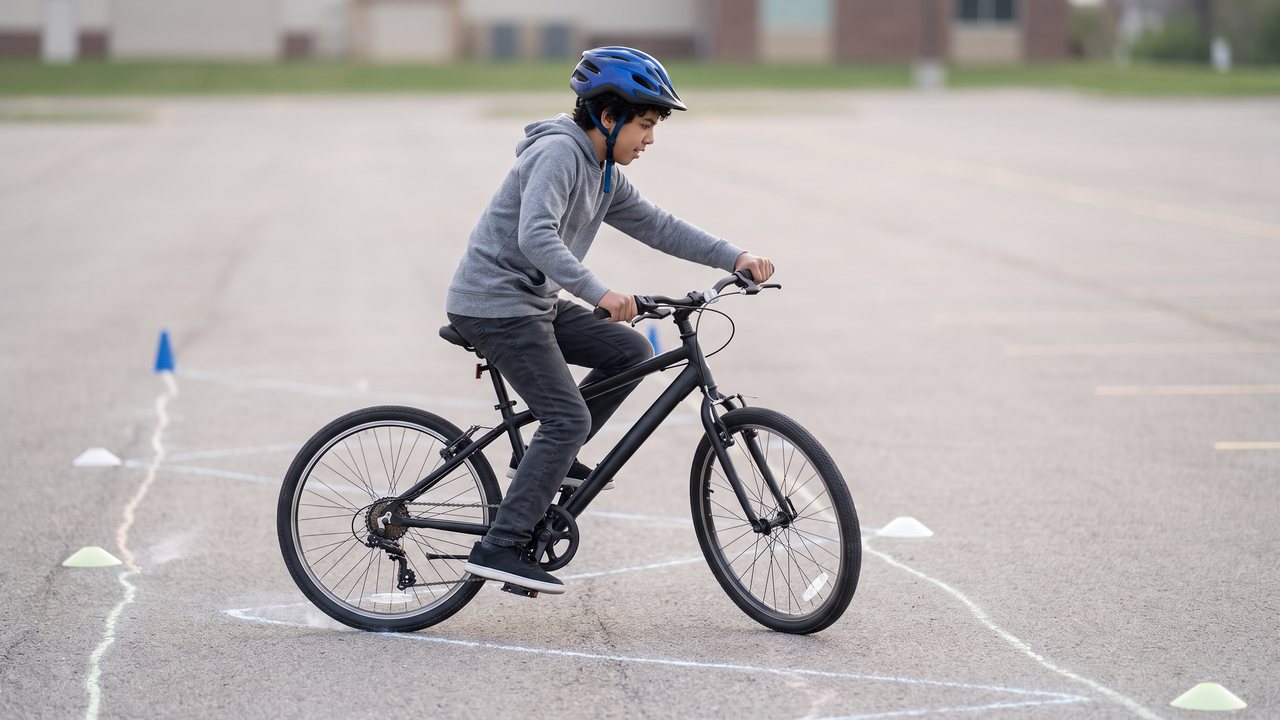 A rider coasting through a weave with the cranks level and the machine drifting wide.