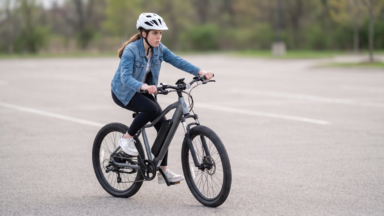 A girl in a buckled helmet riding across a wide empty parking lot, looking well ahead of her front wheel.