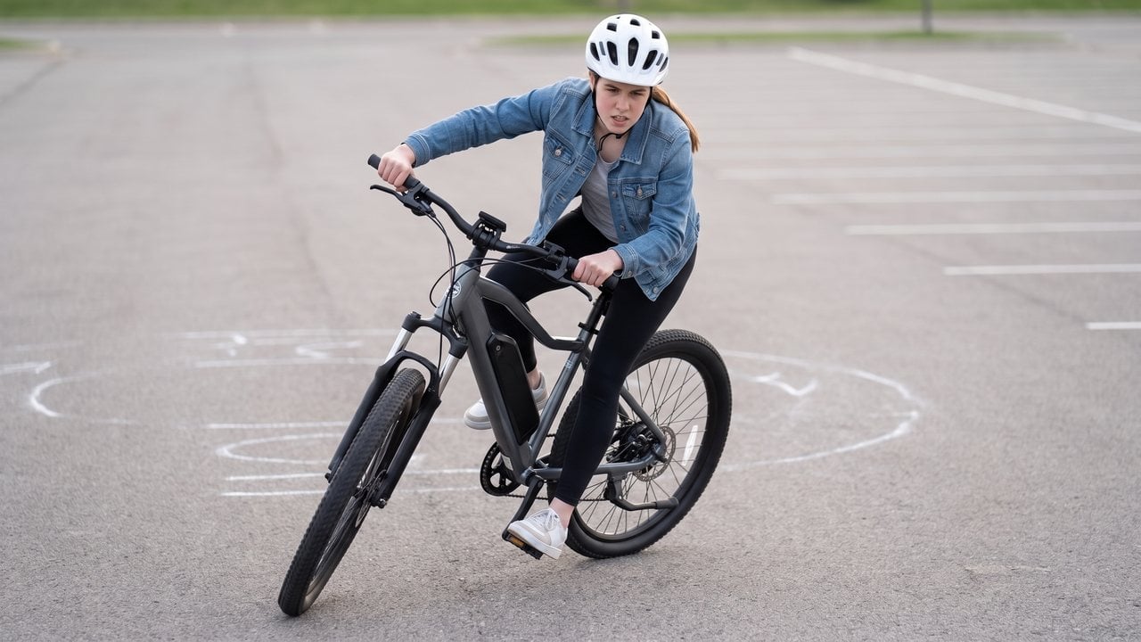 A rider squeezing both levers mid-corner with the machine leaned over and the back wheel stepping out.