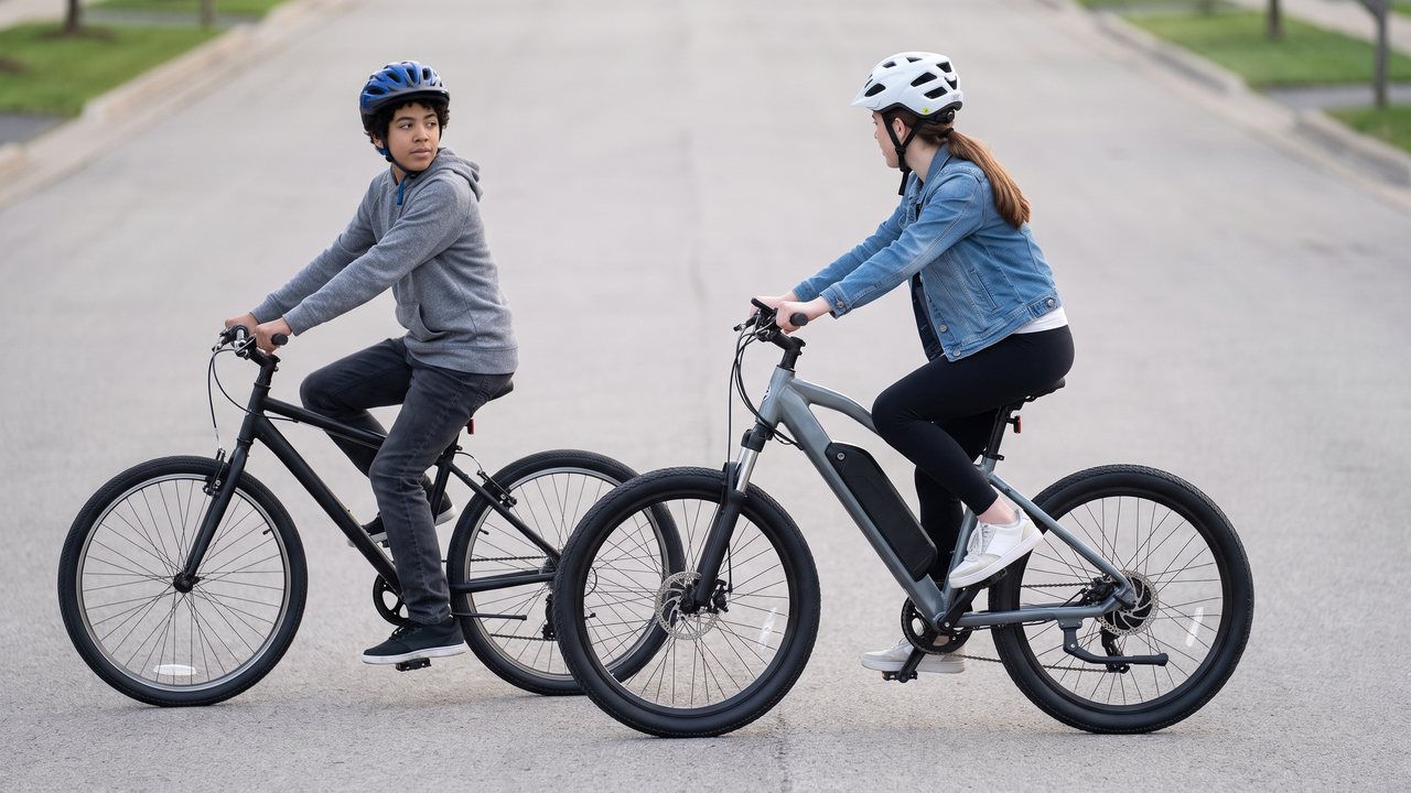 Two riders in buckled helmets stopped side by side across a street, both looking back over a shoulder.