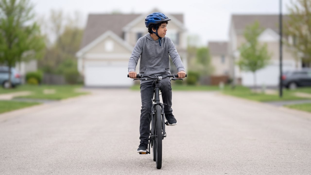 A rider looking back over a locked right arm, chin down towards the shoulder, machine dead straight.