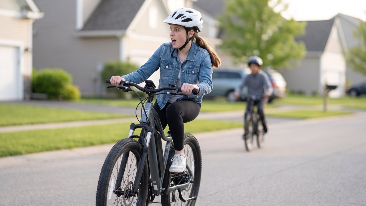 A girl in a buckled helmet rides forward while looking back over her shoulder at another rider some way behind her.