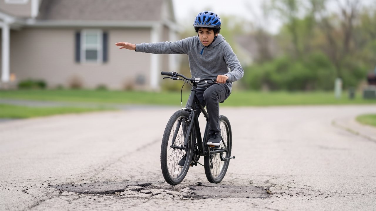 A rider with the left arm out riding over broken asphalt with the front wheel bouncing.