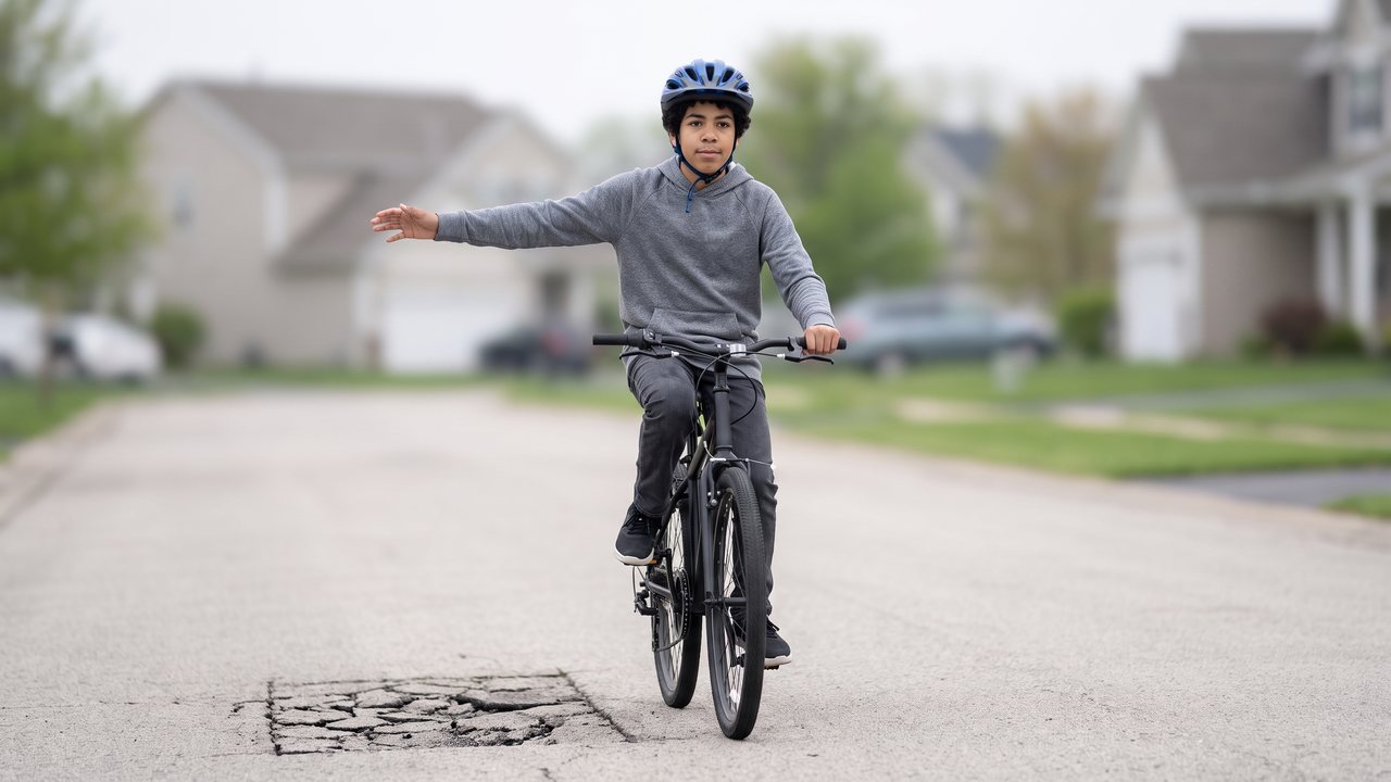 A rider signaling clearly well before a rough patch, then returning both hands to the bars before reaching it.