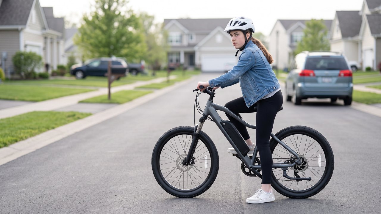 A girl in a buckled helmet stands over her bike in the street, turned in the saddle to look back past a parked van.